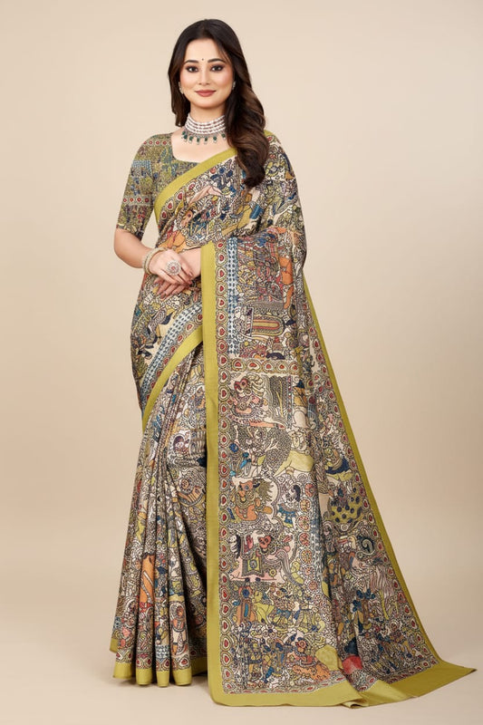 Madhubani Print Manipuri Silk Saree for Women | Indian Ethnic Party & Casual Wear | Unstitched Blouse Included-Cream