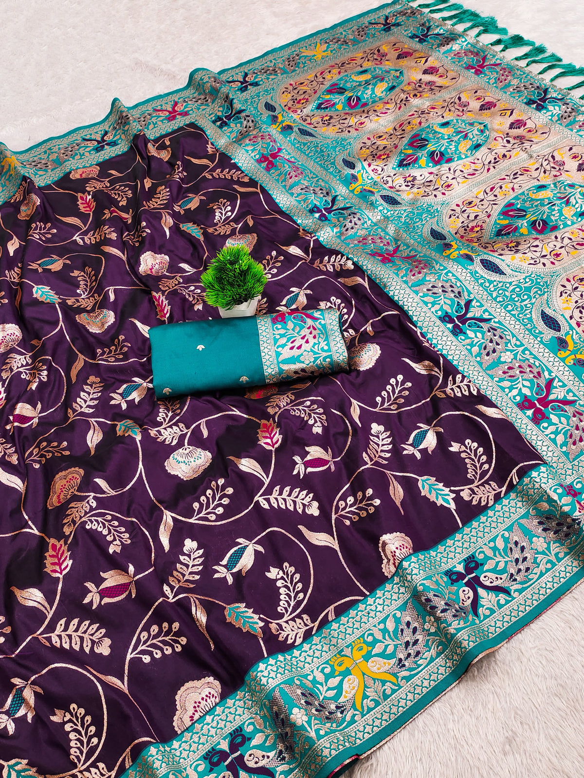 PREMIUM Soft Paithani Silk Saree for Women with Meenakari Zari Weaving, Rich Peacock Pallu, Floral Border & Tassels with Brocade Blouse