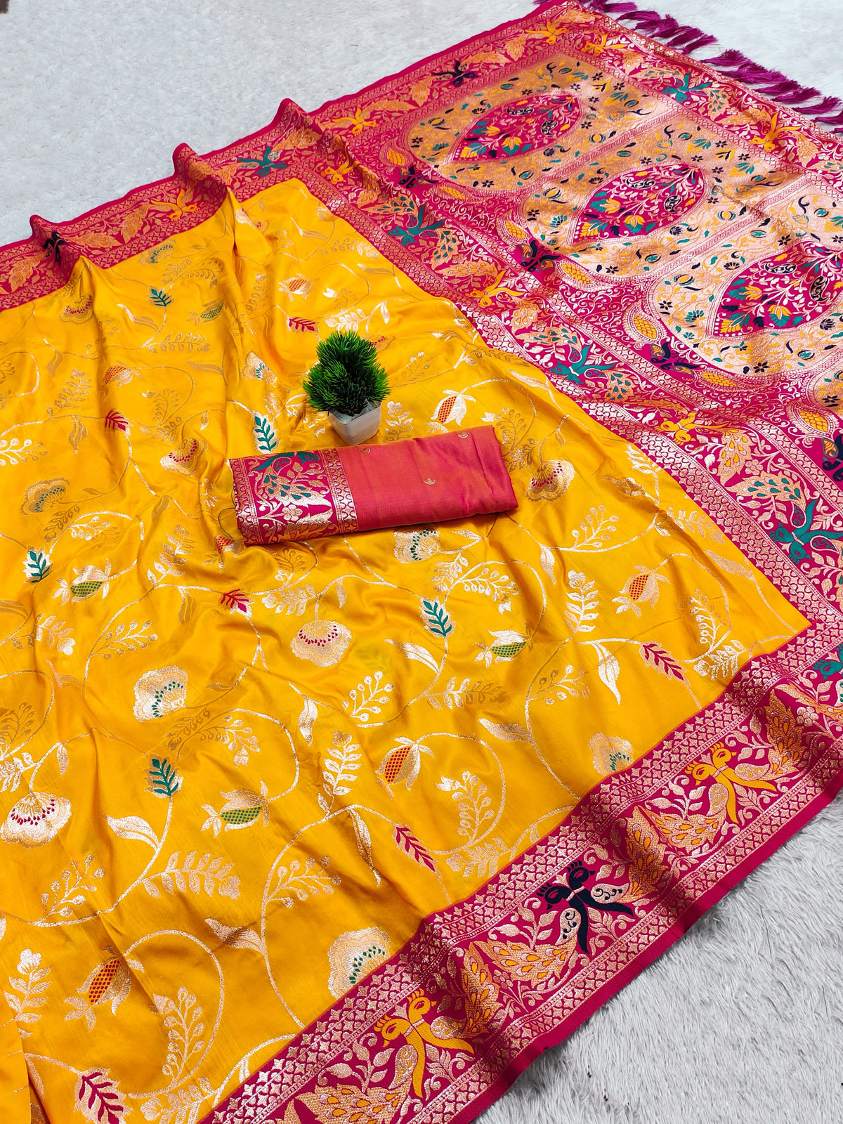 PREMIUM Soft Paithani Silk Saree for Women with Meenakari Zari Weaving, Rich Peacock Pallu, Floral Border & Tassels with Brocade Blouse