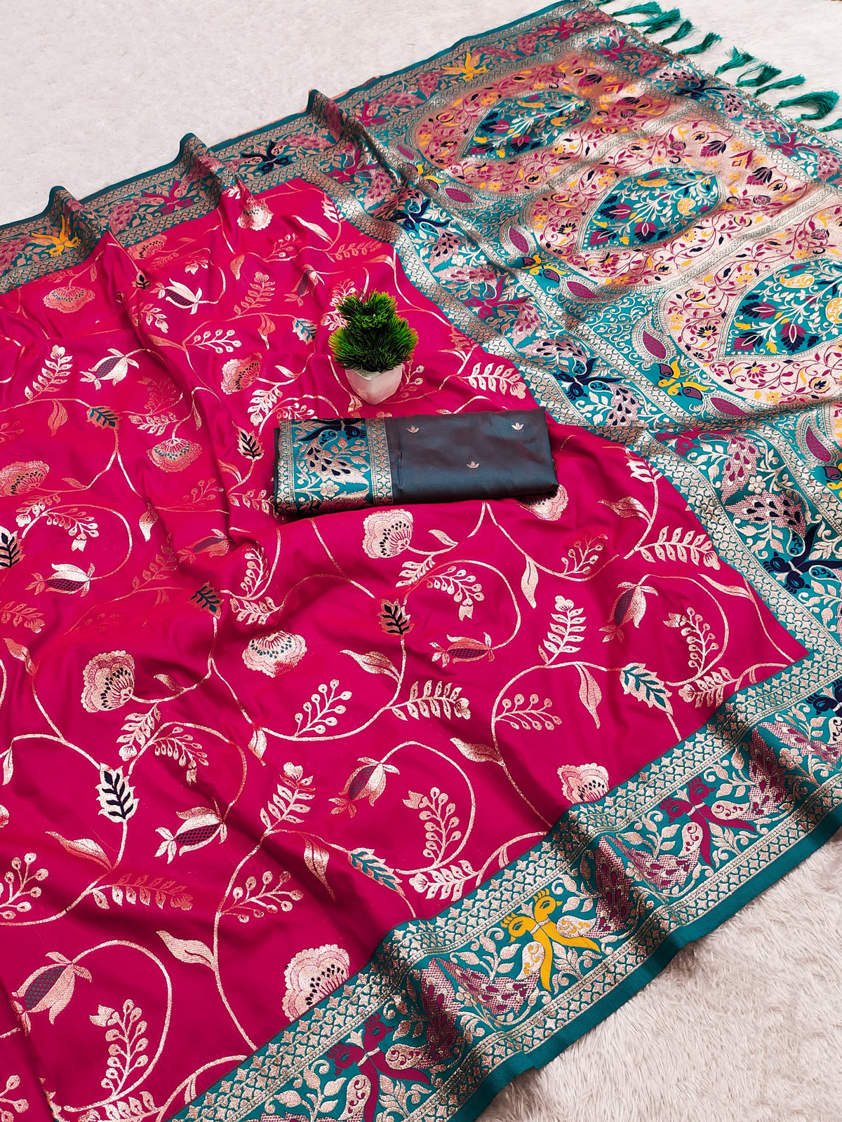 PREMIUM Soft Paithani Silk Saree for Women with Meenakari Zari Weaving, Rich Peacock Pallu, Floral Border & Tassels with Brocade Blouse
