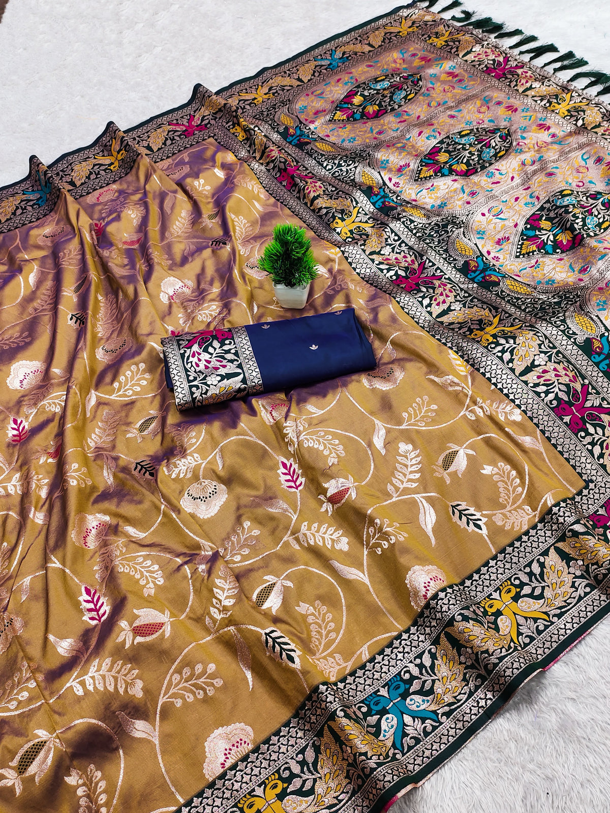 PREMIUM Soft Paithani Silk Saree for Women with Meenakari Zari Weaving, Rich Peacock Pallu, Floral Border & Tassels with Brocade Blouse