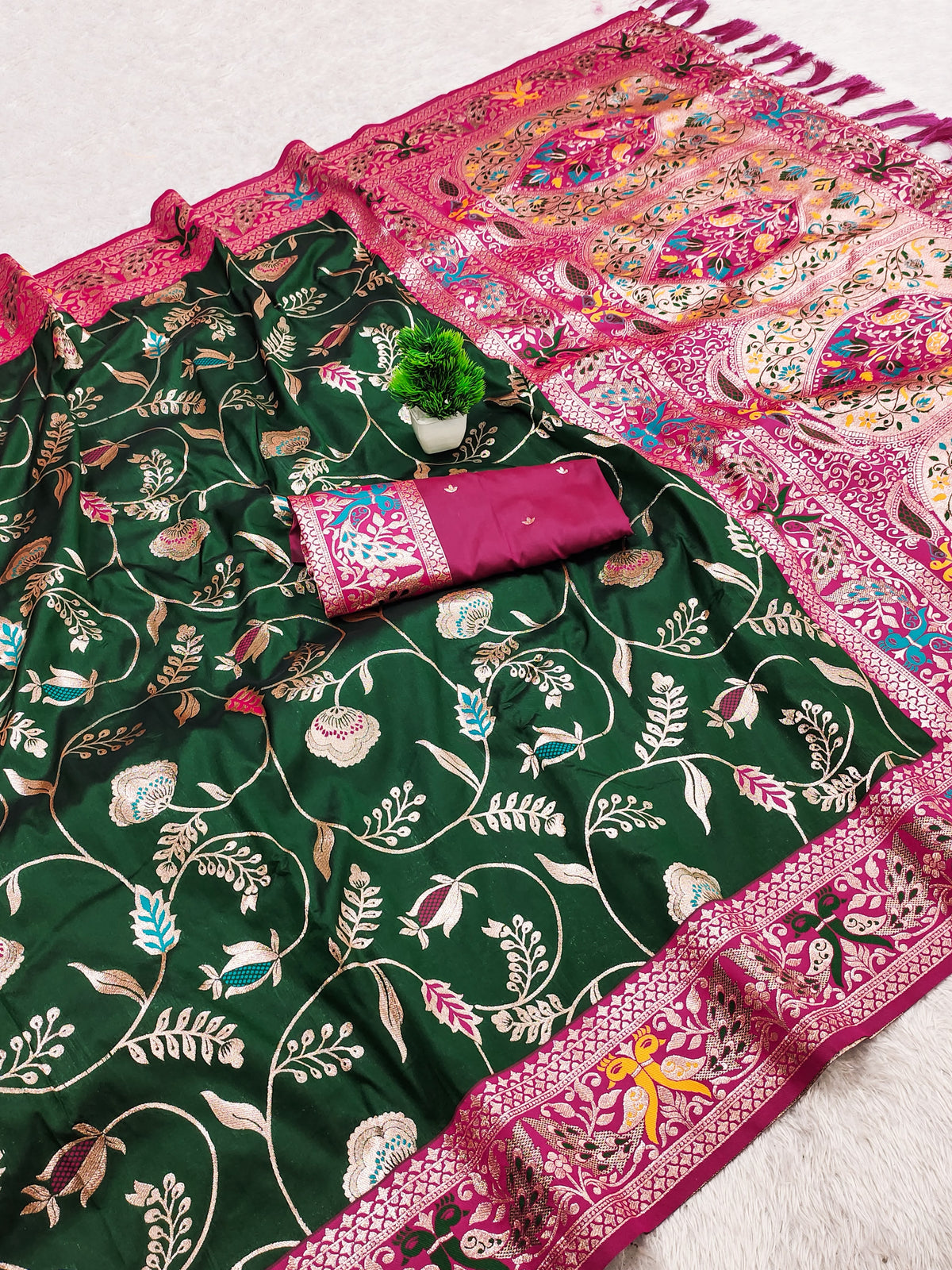 PREMIUM Soft Paithani Silk Saree for Women with Meenakari Zari Weaving, Rich Peacock Pallu, Floral Border & Tassels with Brocade Blouse