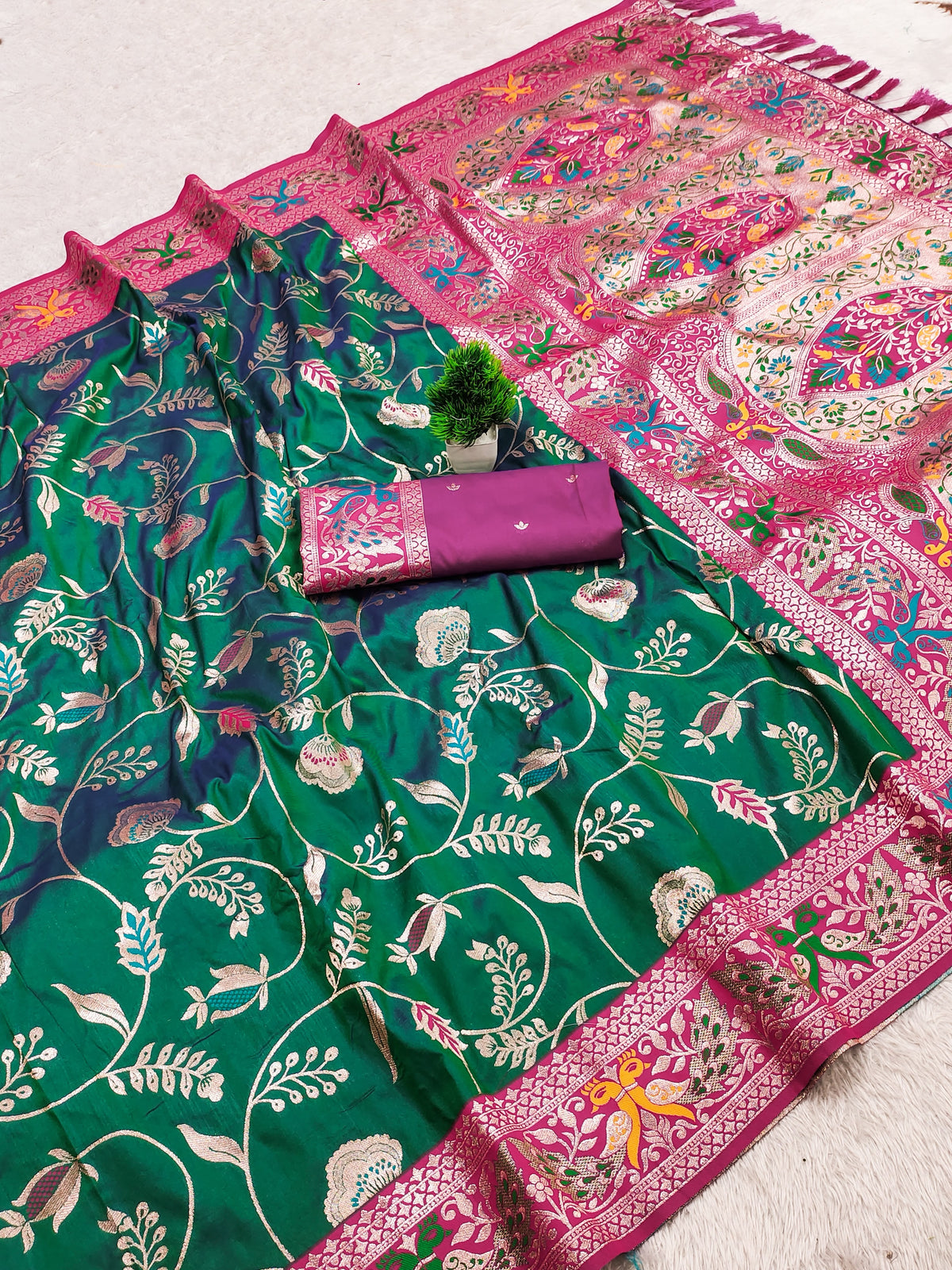 PREMIUM Soft Paithani Silk Saree for Women with Meenakari Zari Weaving, Rich Peacock Pallu, Floral Border & Tassels with Brocade Blouse