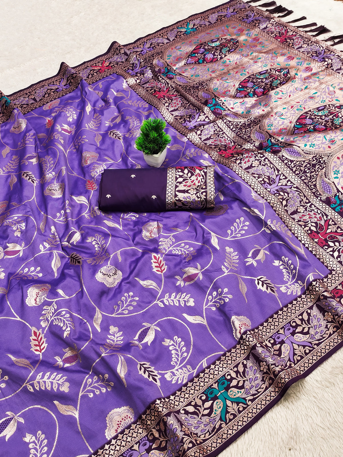 PREMIUM Soft Paithani Silk Saree for Women with Meenakari Zari Weaving, Rich Peacock Pallu, Floral Border & Tassels with Brocade Blouse