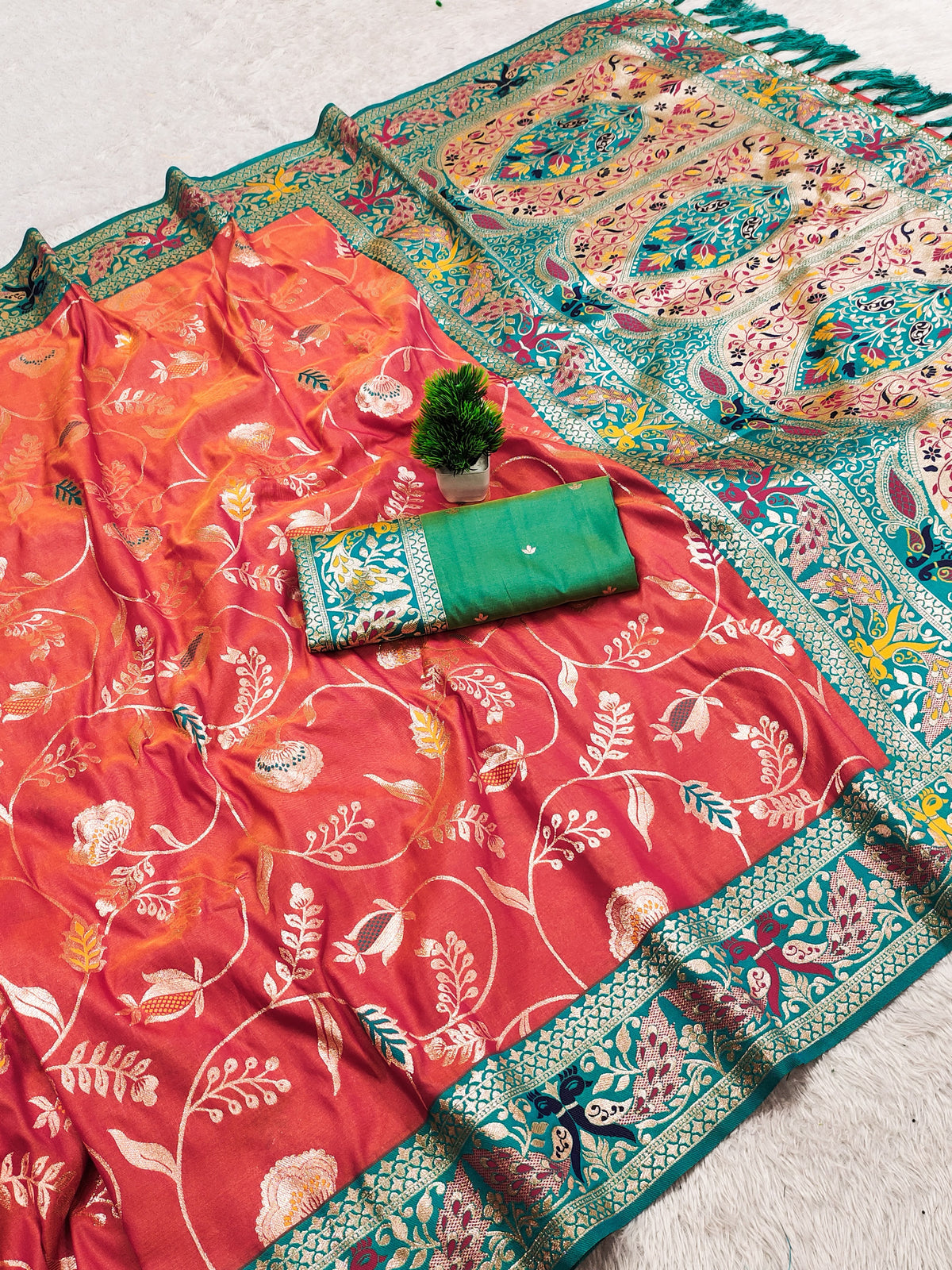 PREMIUM Soft Paithani Silk Saree for Women with Meenakari Zari Weaving, Rich Peacock Pallu, Floral Border & Tassels with Brocade Blouse