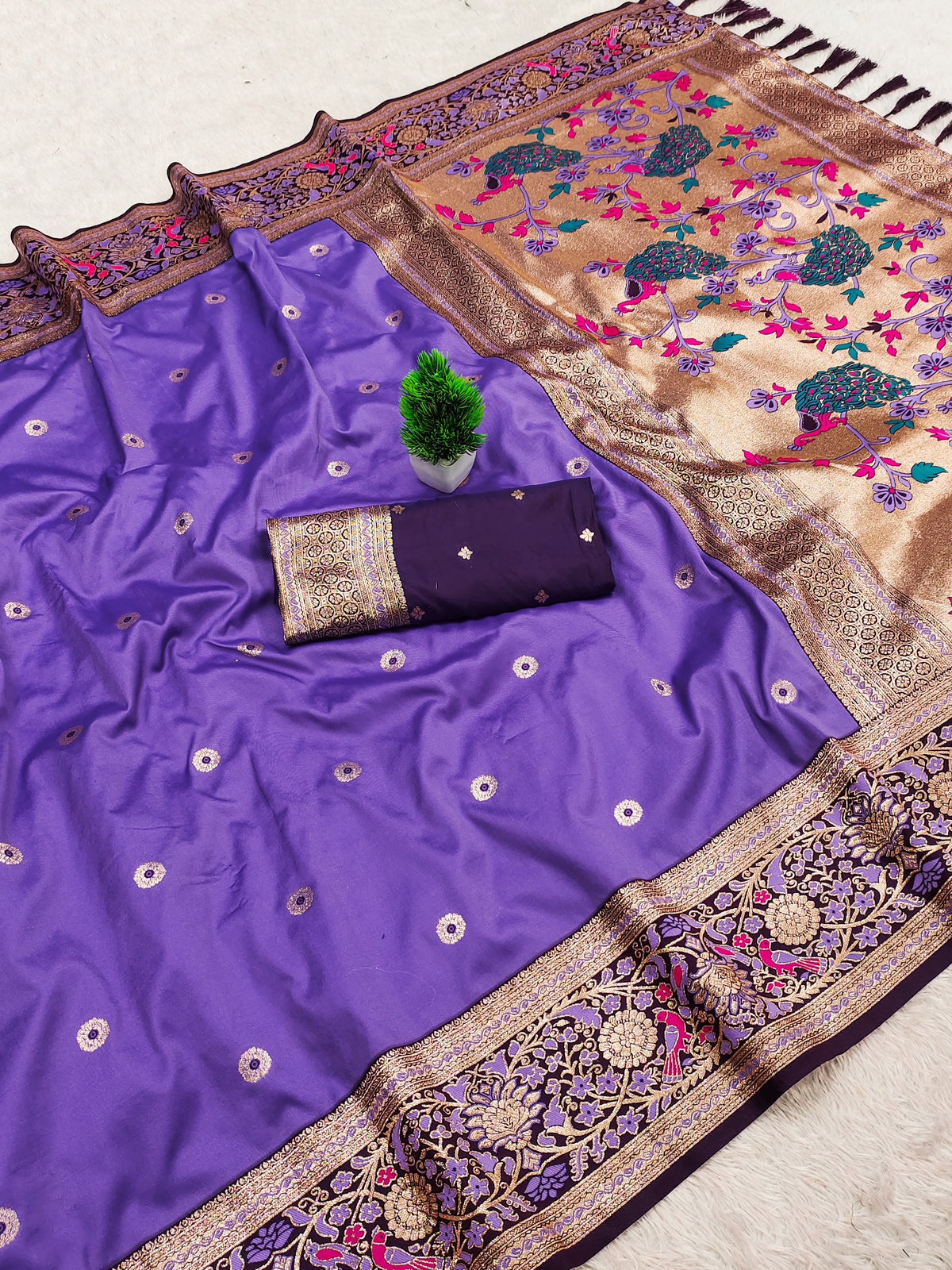 Premium Soft Paithani Silk Saree for Women with Meenakari Zari Weaving, Rich Peacock Pallu, Floral Border & Silk Brocade Blouse