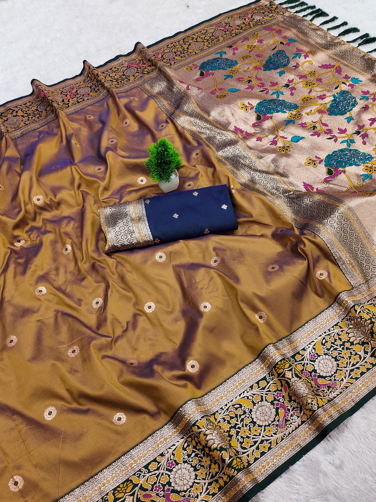 Premium Soft Paithani Silk Saree for Women with Meenakari Zari Weaving, Rich Peacock Pallu, Floral Border & Silk Brocade Blouse