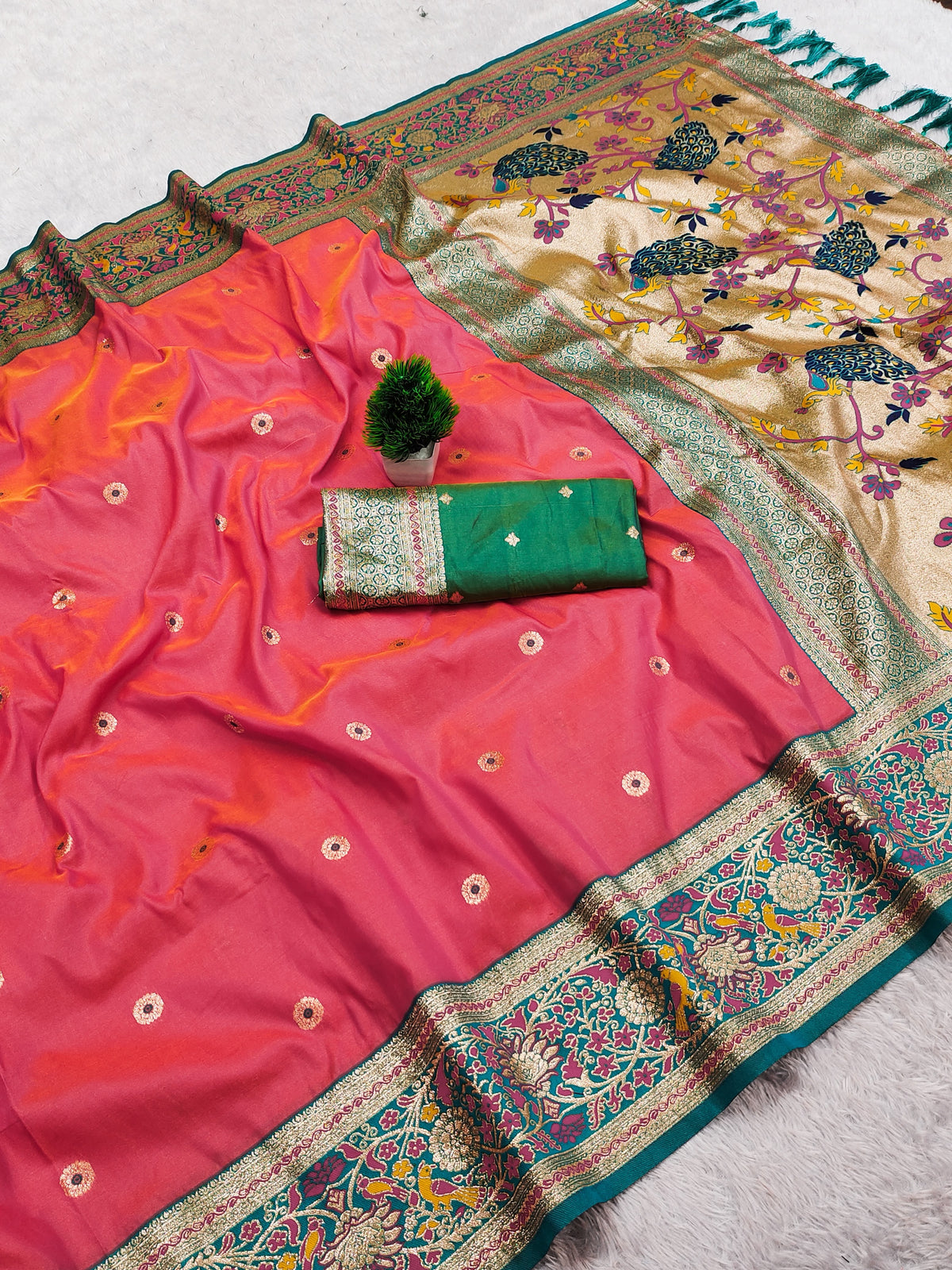 Premium Soft Paithani Silk Saree for Women with Meenakari Zari Weaving, Rich Peacock Pallu, Floral Border & Silk Brocade Blouse