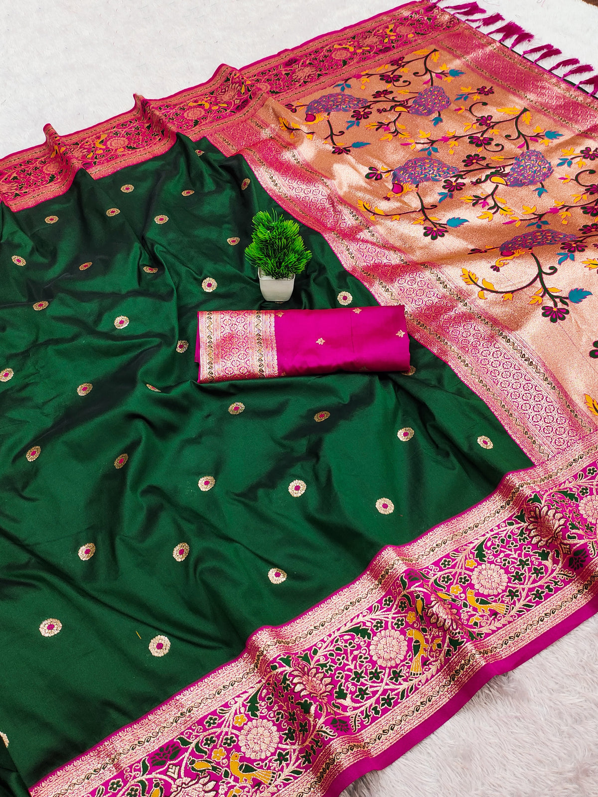 Premium Soft Paithani Silk Saree for Women with Meenakari Zari Weaving, Rich Peacock Pallu, Floral Border & Silk Brocade Blouse
