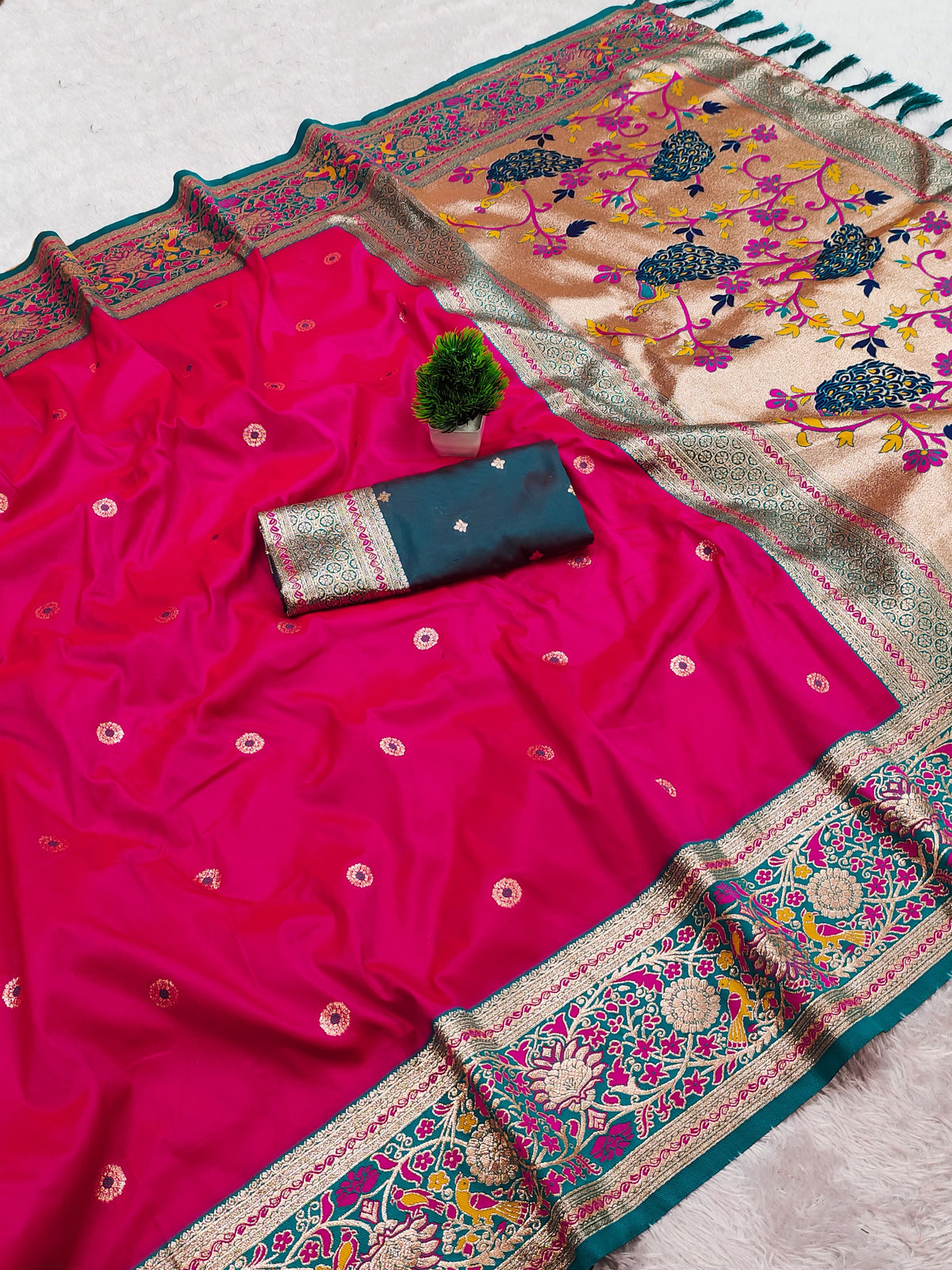 Premium Soft Paithani Silk Saree for Women with Meenakari Zari Weaving, Rich Peacock Pallu, Floral Border & Silk Brocade Blouse