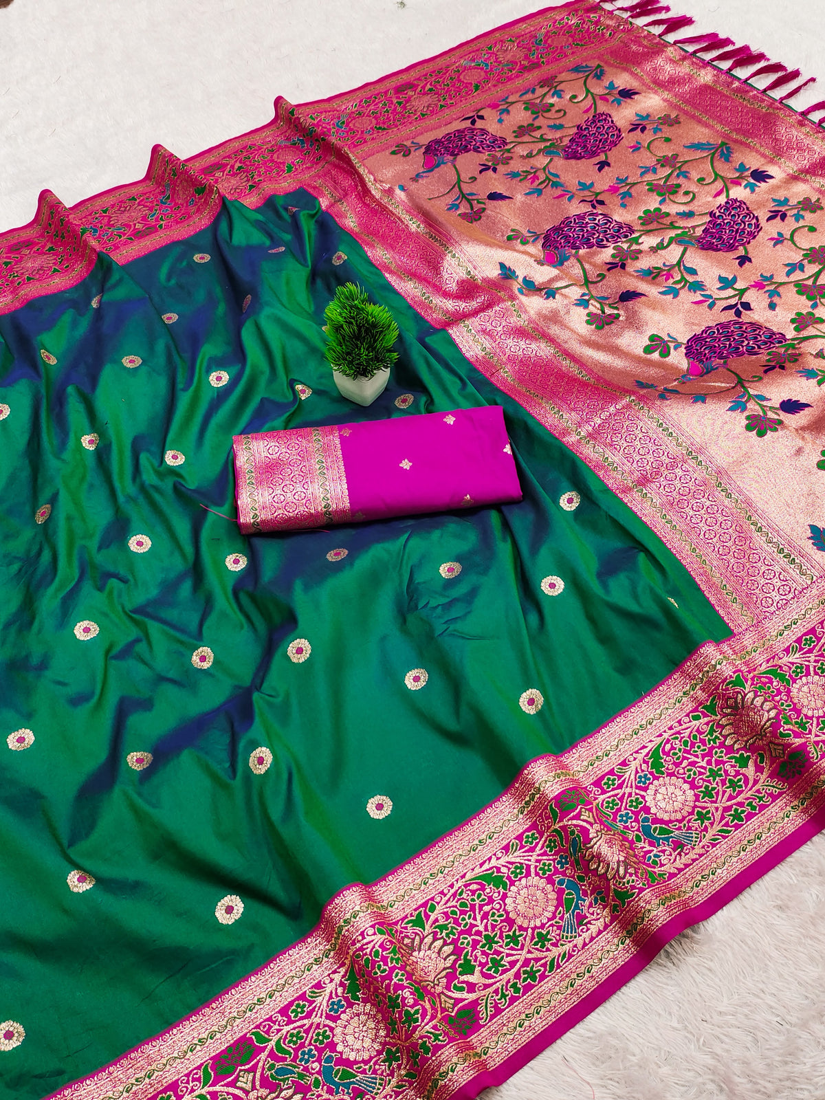 Premium Soft Paithani Silk Saree for Women with Meenakari Zari Weaving, Rich Peacock Pallu, Floral Border & Silk Brocade Blouse