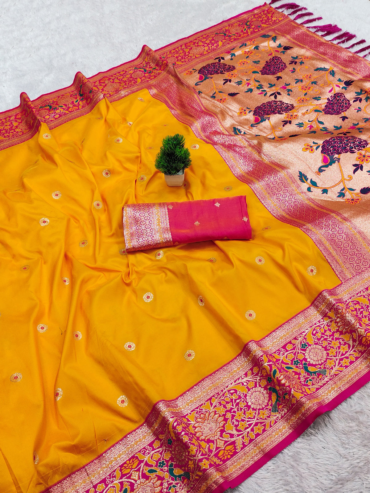 Premium Soft Paithani Silk Saree for Women with Meenakari Zari Weaving, Rich Peacock Pallu, Floral Border & Silk Brocade Blouse