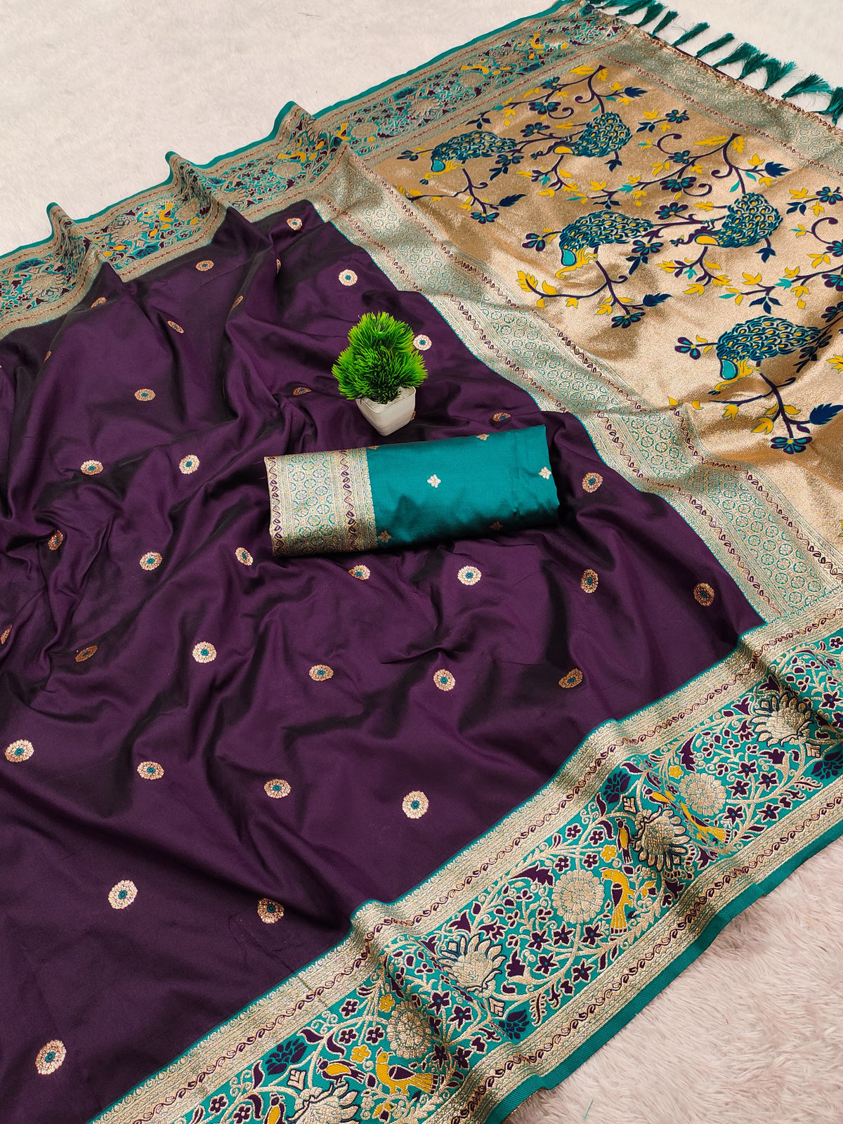 Premium Soft Paithani Silk Saree for Women with Meenakari Zari Weaving, Rich Peacock Pallu, Floral Border & Silk Brocade Blouse