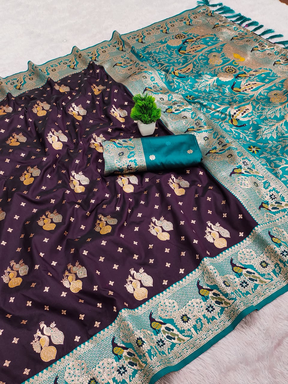 Premium Soft Paithani Silk Saree for Women with Meenakari Zari Weaving, Peacock Pallu, Rich Floral Border & Brocade Blouse