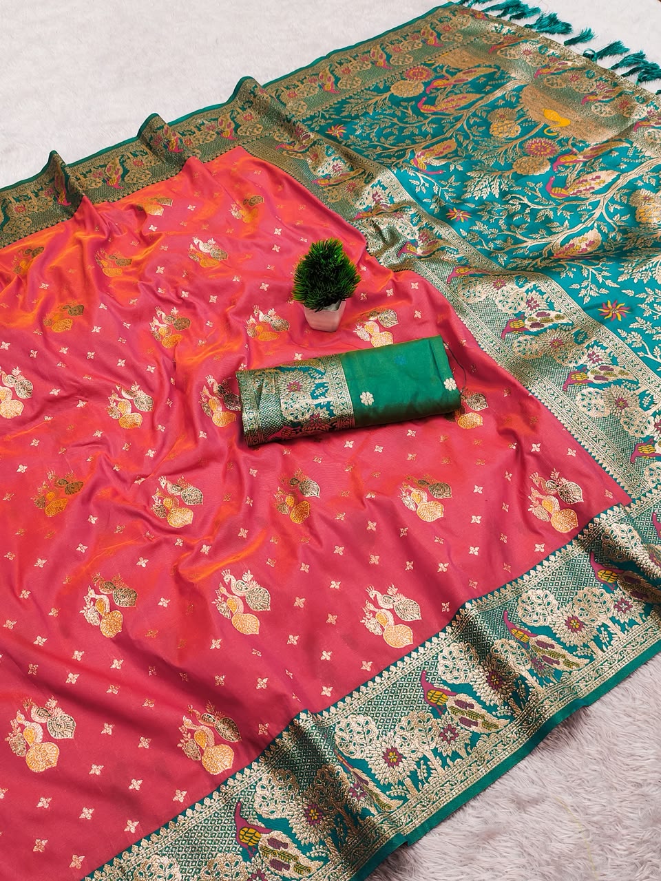 Premium Soft Paithani Silk Saree for Women with Meenakari Zari Weaving, Peacock Pallu, Rich Floral Border & Brocade Blouse