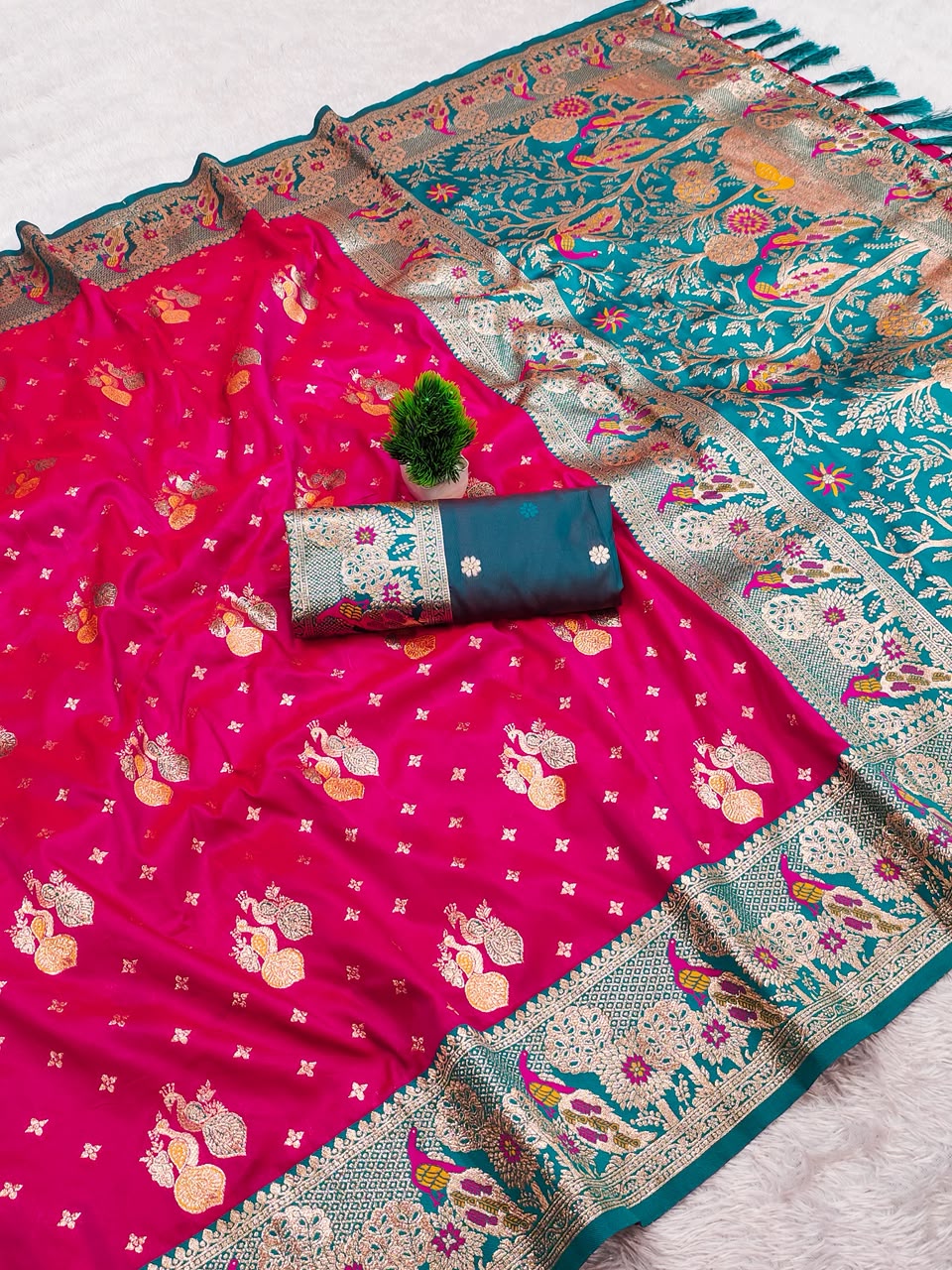 Premium Soft Paithani Silk Saree for Women with Meenakari Zari Weaving, Peacock Pallu, Rich Floral Border & Brocade Blouse