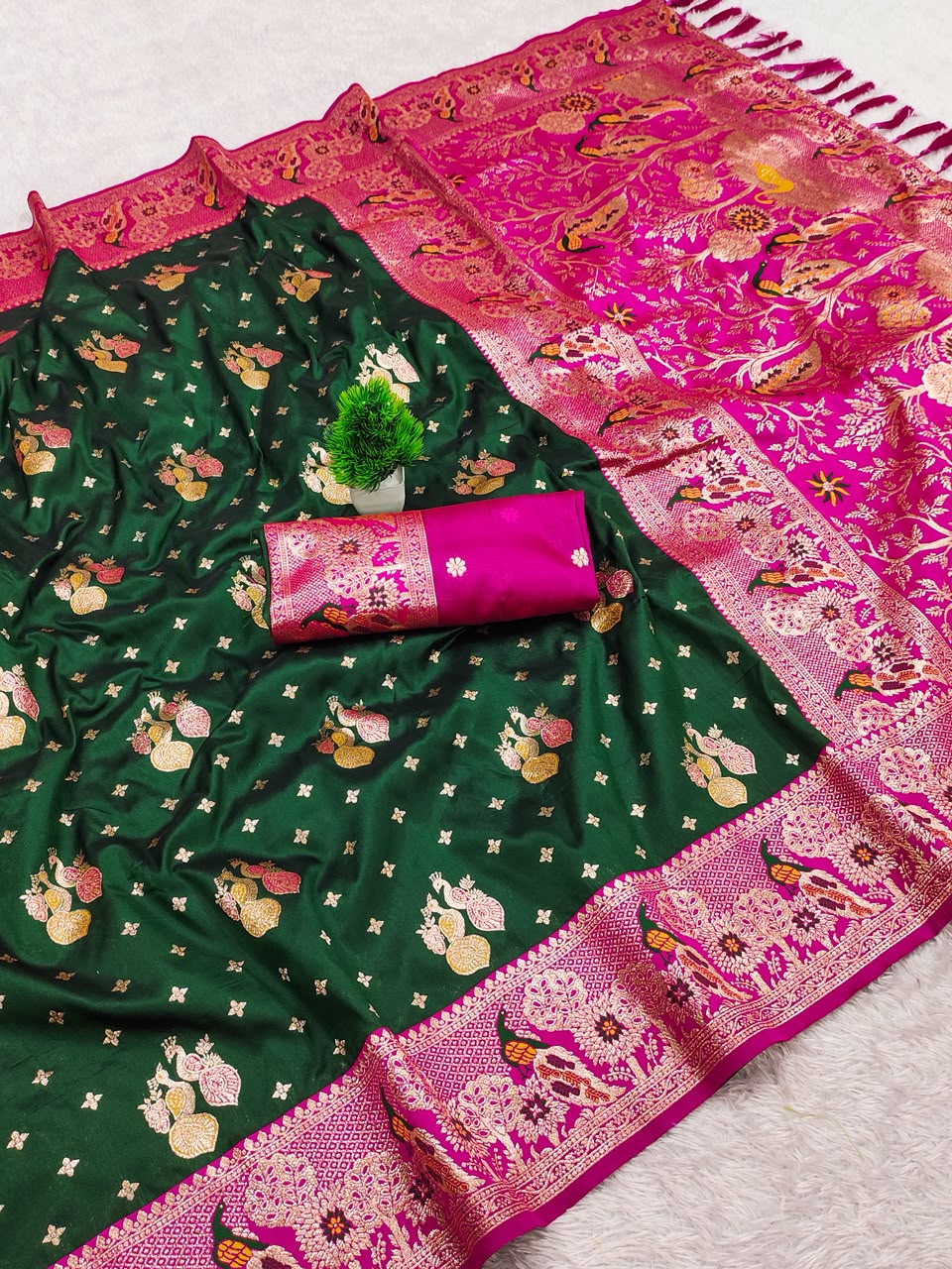 Premium Soft Paithani Silk Saree for Women with Meenakari Zari Weaving, Peacock Pallu, Rich Floral Border & Brocade Blouse