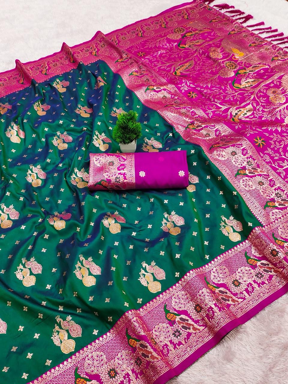 Premium Soft Paithani Silk Saree for Women with Meenakari Zari Weaving, Peacock Pallu, Rich Floral Border & Brocade Blouse