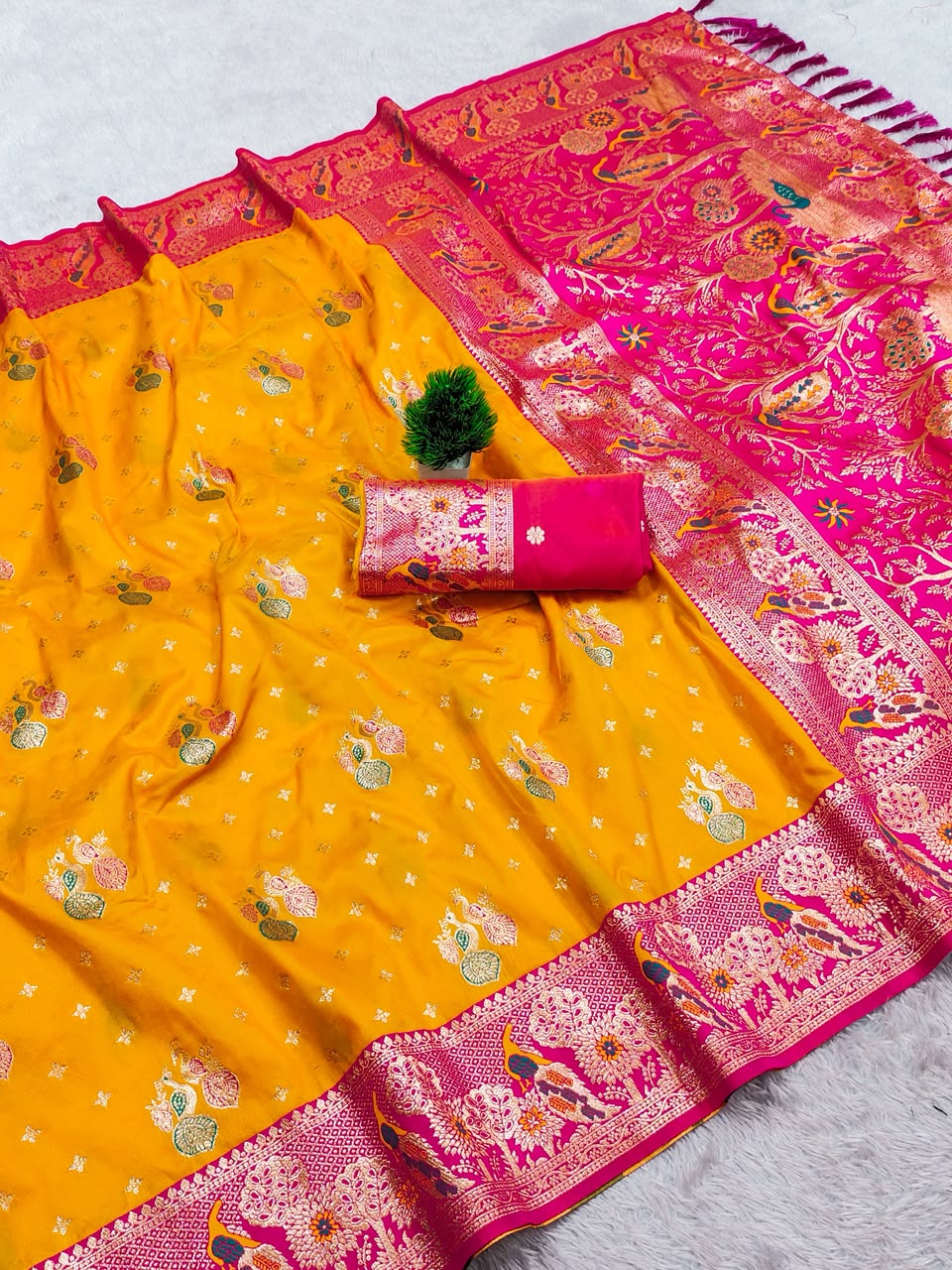 Premium Soft Paithani Silk Saree for Women with Meenakari Zari Weaving, Peacock Pallu, Rich Floral Border & Brocade Blouse