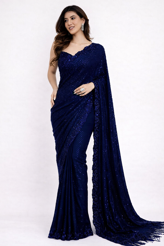 Heavy Embroidered Georgette Saree with Sequinned Cutwork Border & Silk Blouse